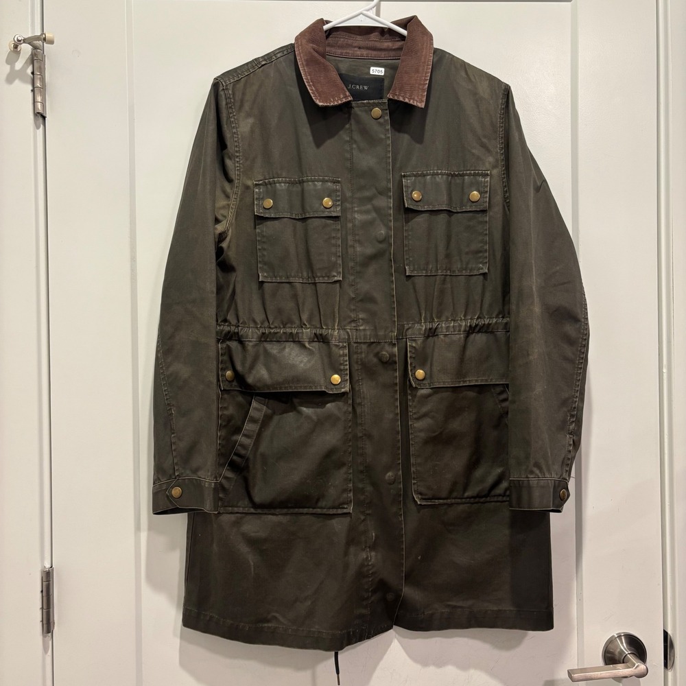 J.Crew Womens Olive Green Waxed Cotton Field Jacket Corduroy Collar Size M 02742